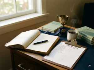Georganiseerd sportclubbureau met opengeslagen kasboek, teamroster op klembord, kleine trofee en dampende koffie in warm ochtendlicht.